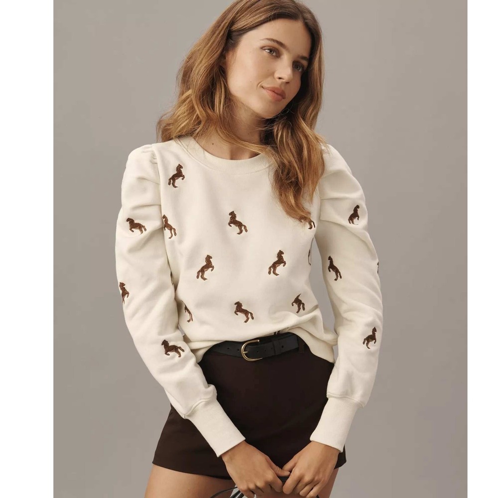 Maeve Anthropologie Horse Embroidered Puff Sleeve Sweatshirt Ivory Cream Large